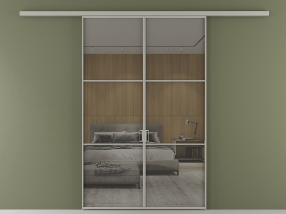 Перегородка Formato вдоль стены 2 створки АЛПР 040.03 Алюминий нейтральный серый Рефлективное серое стекло "Stopsol", калёное Цена 50547000 so'm | Volhovec