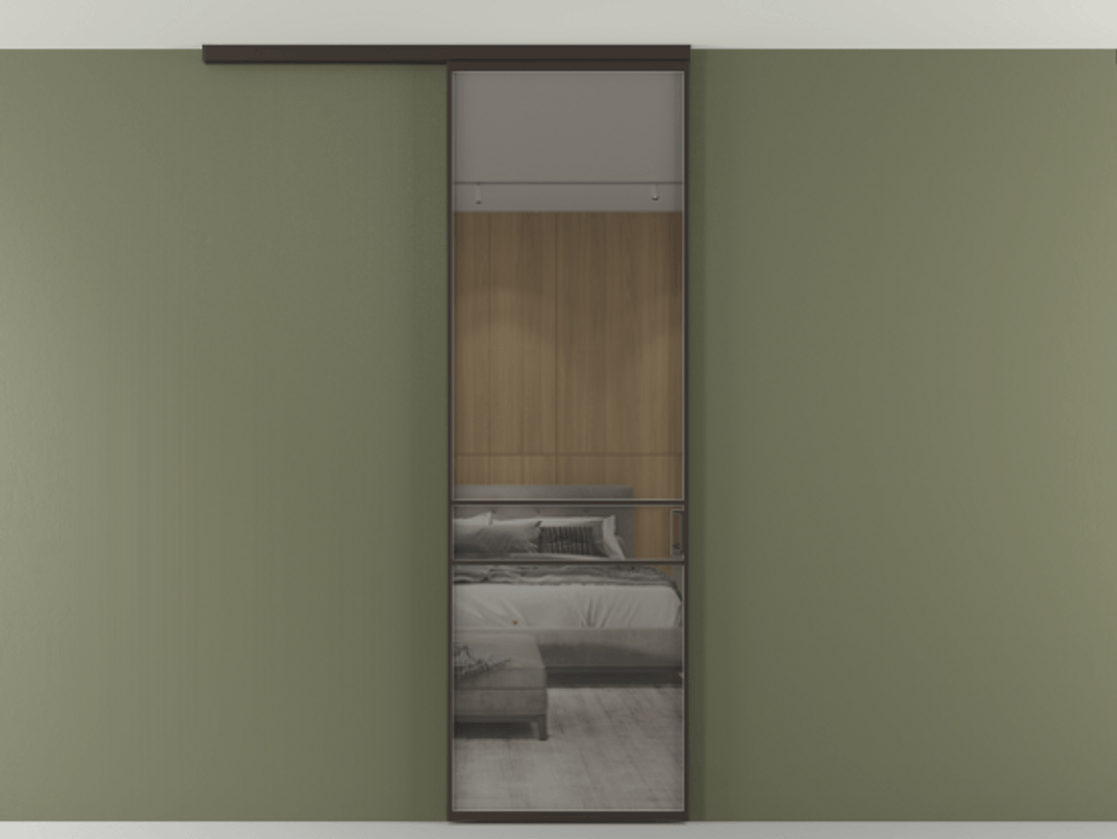 Перегородка Формато вдоль стены на потолок 1 створка АЛПР 040.02 Алюминий антрацит Рефлективное серое стекло "Стопсол", калёное Цена 25478530 so'm | Volhovec