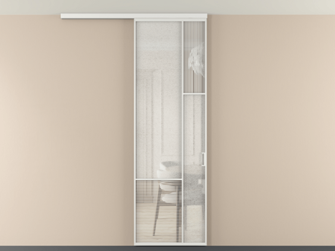 Перегородка Mosaic вдоль стены на потолок 1 створка АЛПР 041.12 Алюминий белоснежный Рифлёное стекло "Дюна", триплекс, 6 мм + Фактурное стекло "Лёд", триплекс Цена 29037120 so'm | Volhovec