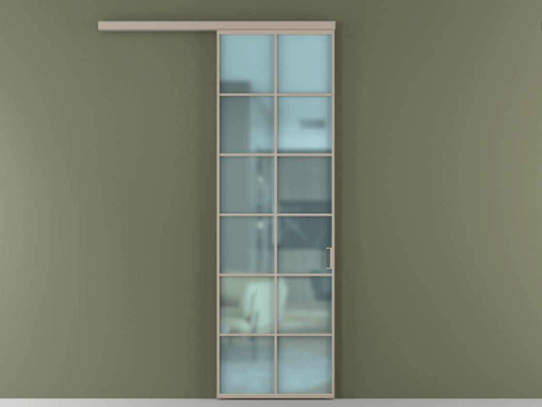 Перегородка Формато вдоль стены 1 створка АЛПР 040.05 Алюминий бисквитный Сатинированное голубое стекло, триплекс Цена 22800960 so'm  | Volhovec