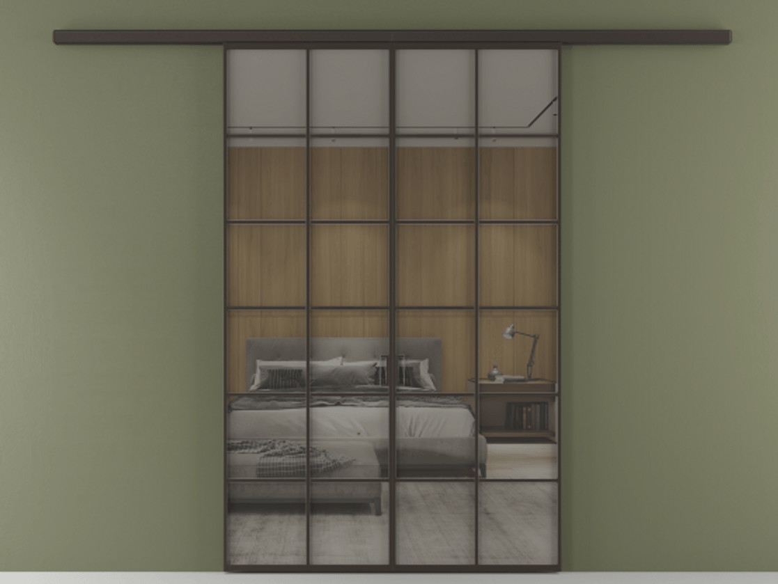 Перегородка Формато вдоль стены 2 створки АЛПР 040.05 Алюминий антрацит Рефлективное серое стекло "Стопсол", калёное Цена 53713800 so'm | Volhovec