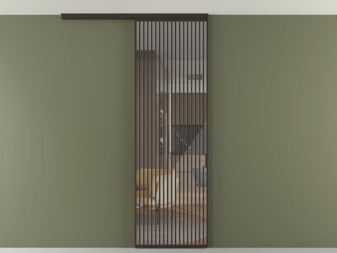 Перегородка Формато вдоль стены на потолок 1 створка АЛПР 040.06 Алюминий антрацит Рефлективное прозрачное стекло "Стопсол", калёное Цена 193628 ₽ | Volhovec