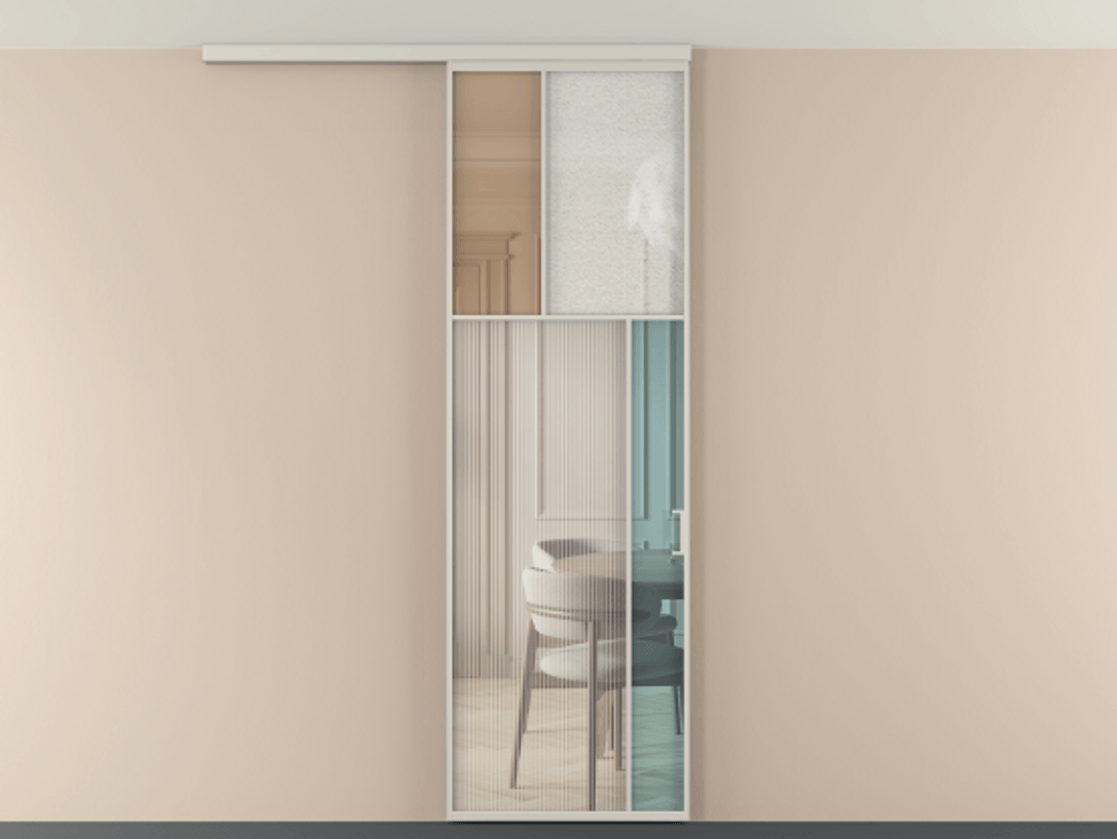 Перегородка Мозаик вдоль стены на потолок 1 створка АЛПР 041.23 Алюминий облачно-серый Комбинация стекол Группы 1 и Группы 3 Цена 28631120 so'm | Volhovec