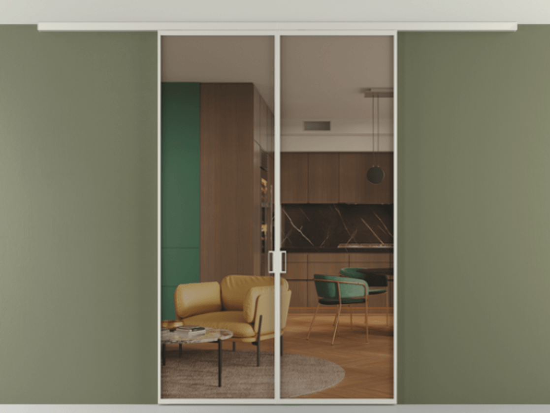 Перегородка Формато вдоль стены на потолок 2 створки АЛПР 040.01 Алюминий тёплый серый Прозрачное бронзовое стекло, триплекс Цена 36074120 so'm | Volhovec