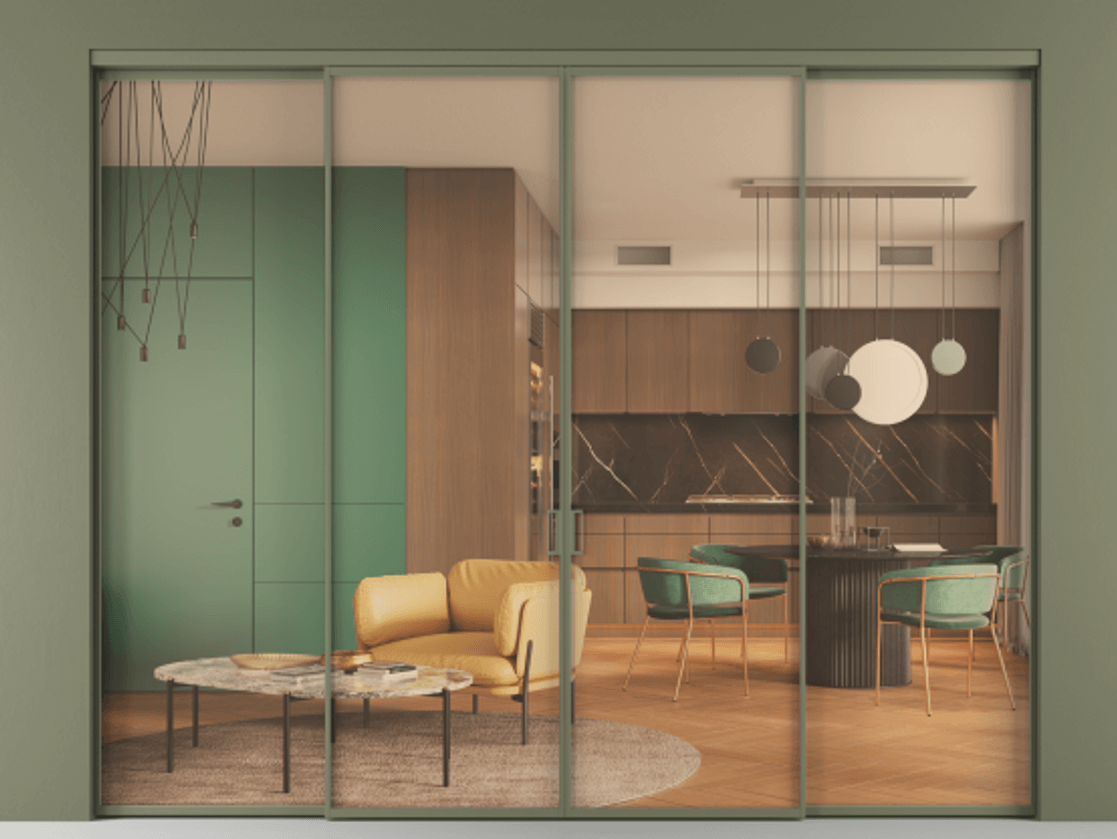 Перегородка Формато внутри проёма 4 створки АЛПР 040.01 Алюминий оливковый тёмный Прозрачное оранжевое стекло, триплекс Цена 64927520 so'm  | Volhovec