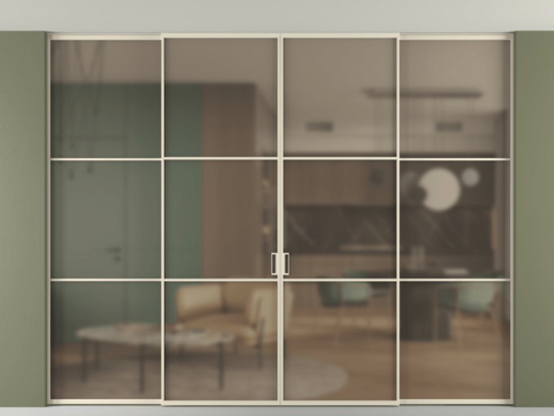 Перегородка Формато внутри проёма скрытое крепление в потолок 4 створки АЛПР 040.03 Алюминий бежево-серый Сатинированное бронзовое стекло, триплекс Цена 89427590 so'm | Volhovec