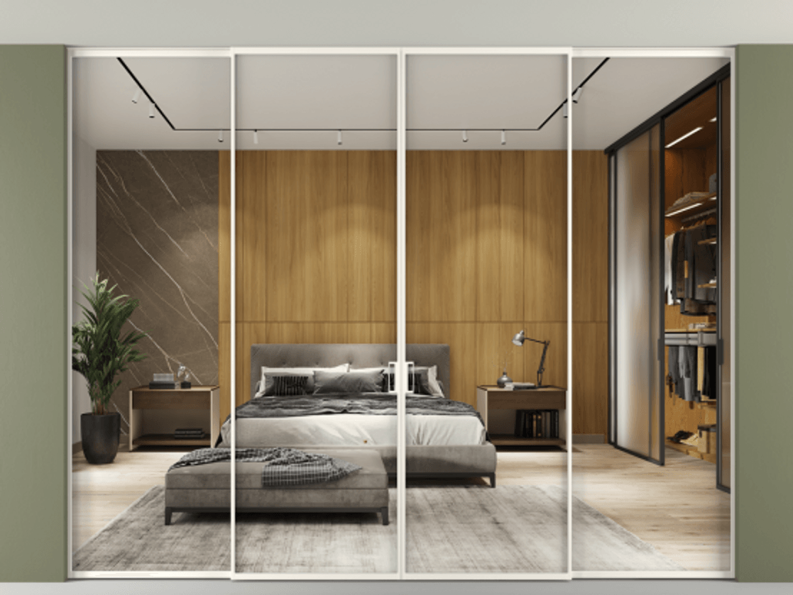 Перегородка Formato внутри проёма скрытое крепление в потолок 4 створки АЛПР 040.01 Алюминий пудровый белый Двустороннее зеркало, триплекс , триплекс 6 мм Цена 85810130 so'm | Volhovec