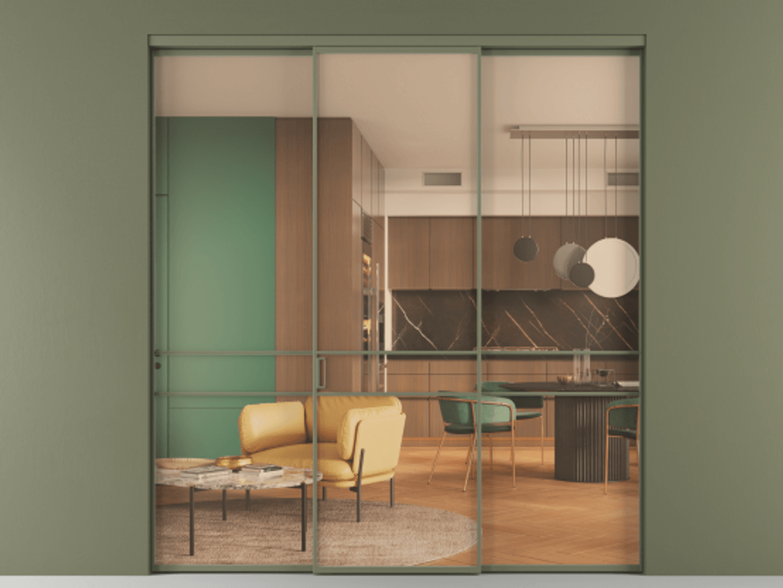 Перегородка Formato внутри проёма 3 створки АЛПР 040.02 Алюминий оливковый тёмный Прозрачное оранжевое стекло, триплекс Цена 48166830 so'm | Volhovec