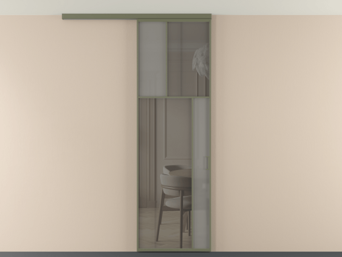 Перегородка Мозаик вдоль стены на потолок 1 створка АЛПР 041.23 Алюминий оливковый тёмный Сатинированное серое стекло, триплекс, 6 мм + Прозрачное серое стекло, триплекс Цена 27413120 so'm | Volhovec