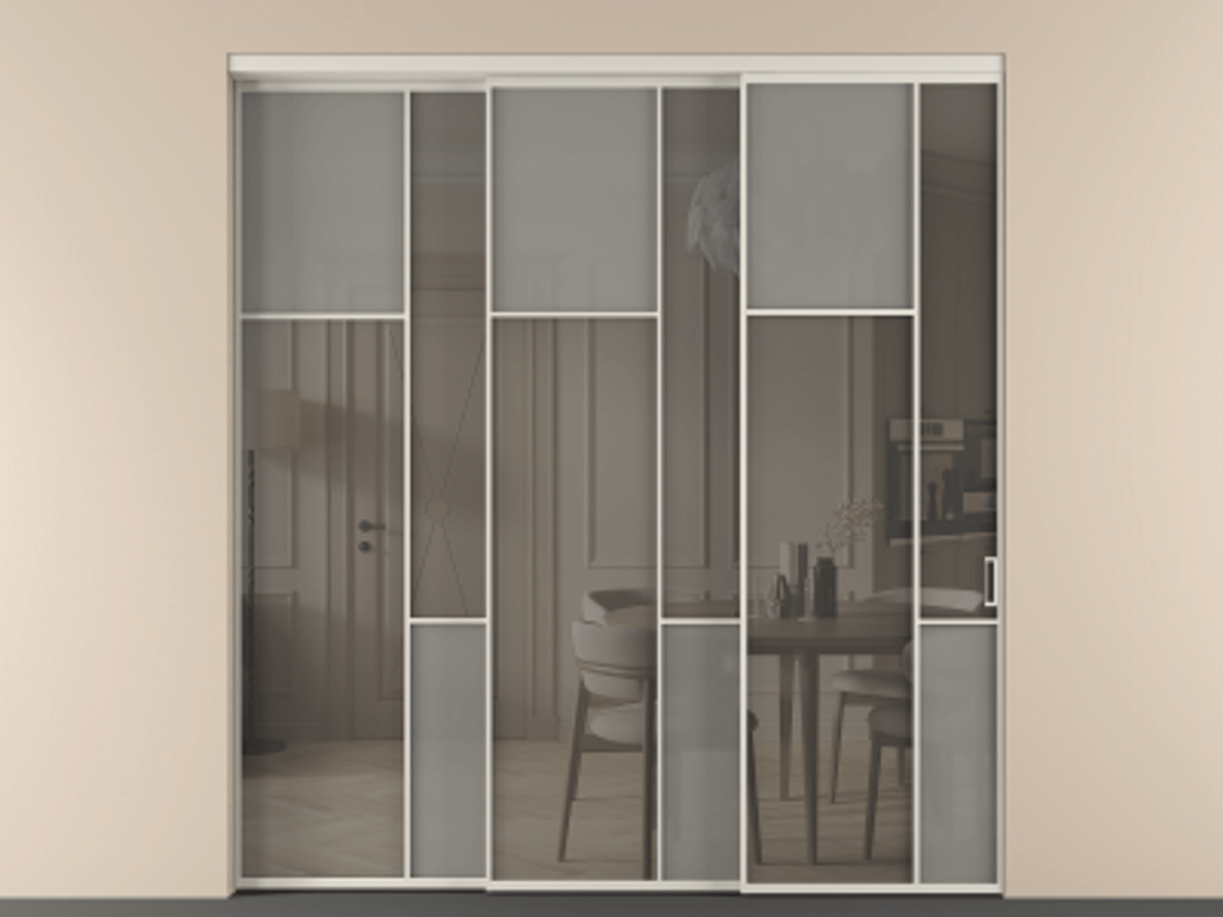 Перегородка Мозаик внутри проёма 3 створки с синхронным механизмом АЛПР 041.10 Алюминий облачно-серый Сатинированное серое стекло, триплекс, 6 мм + Прозрачное серое стекло, триплекс Цена 88790170 so'm | Volhovec