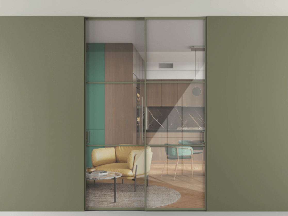 Перегородка Формато внутри проёма скрытое крепление в потолок 2 створки АЛПР 040.03 Алюминий оливковый тёмный Рефлективное прозрачное стекло "Стопсол", калёное Цена 62020560 so'm | Volhovec