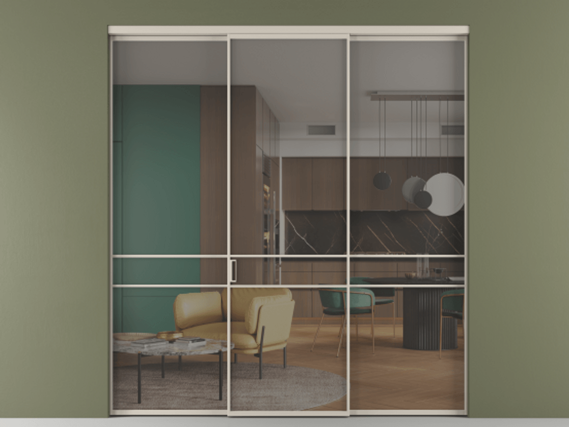 Перегородка Formato внутри проёма 3 створки АЛПР 040.02 Алюминий светло-бежевый Прозрачное серое стекло, триплекс Цена 48166830 so'm | Volhovec