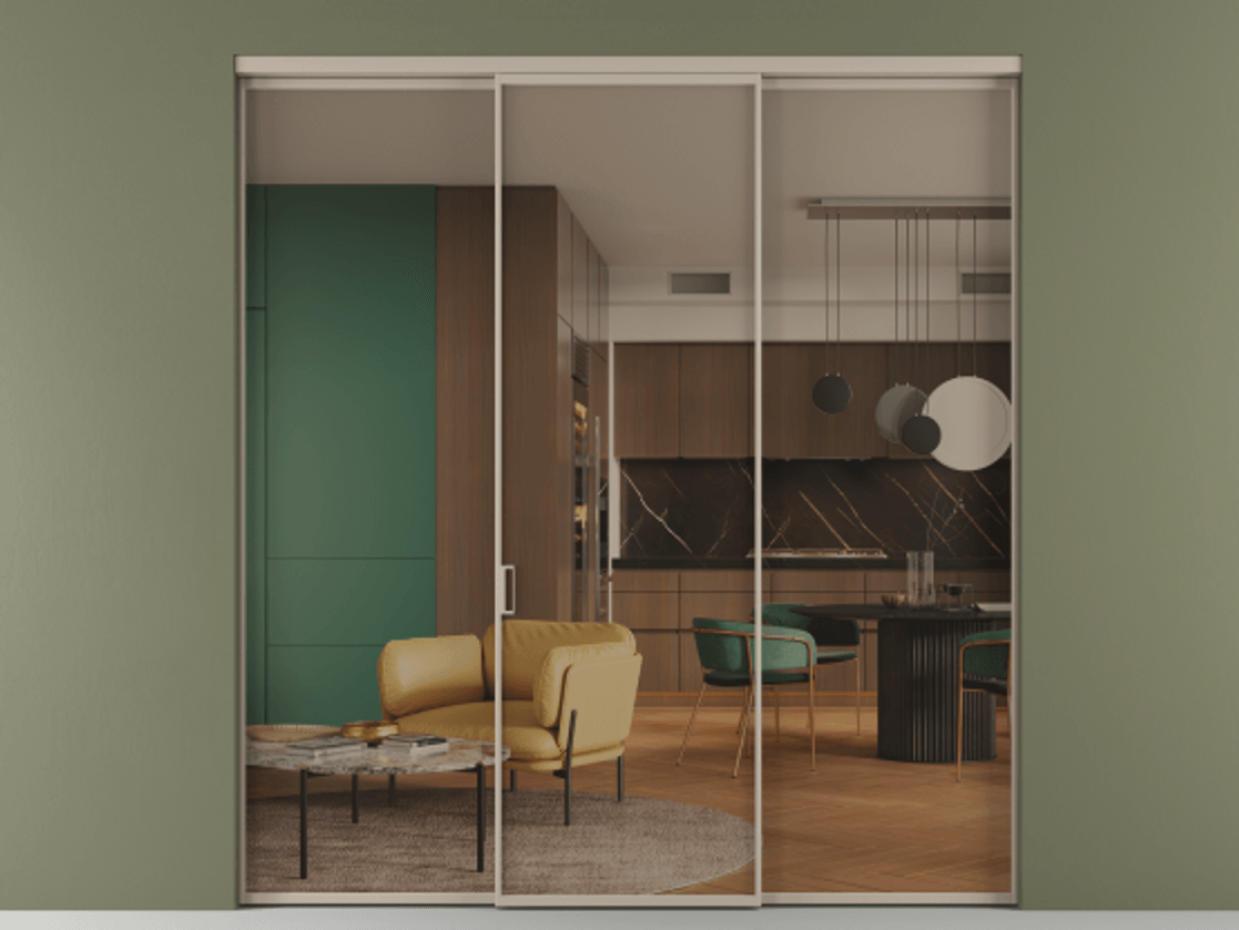 Перегородка Формато внутри проёма 3 створки АЛПР 040.01 Алюминий бисквитный Прозрачное бронзовое стекло, триплекс Цена 45700380 so'm | Volhovec