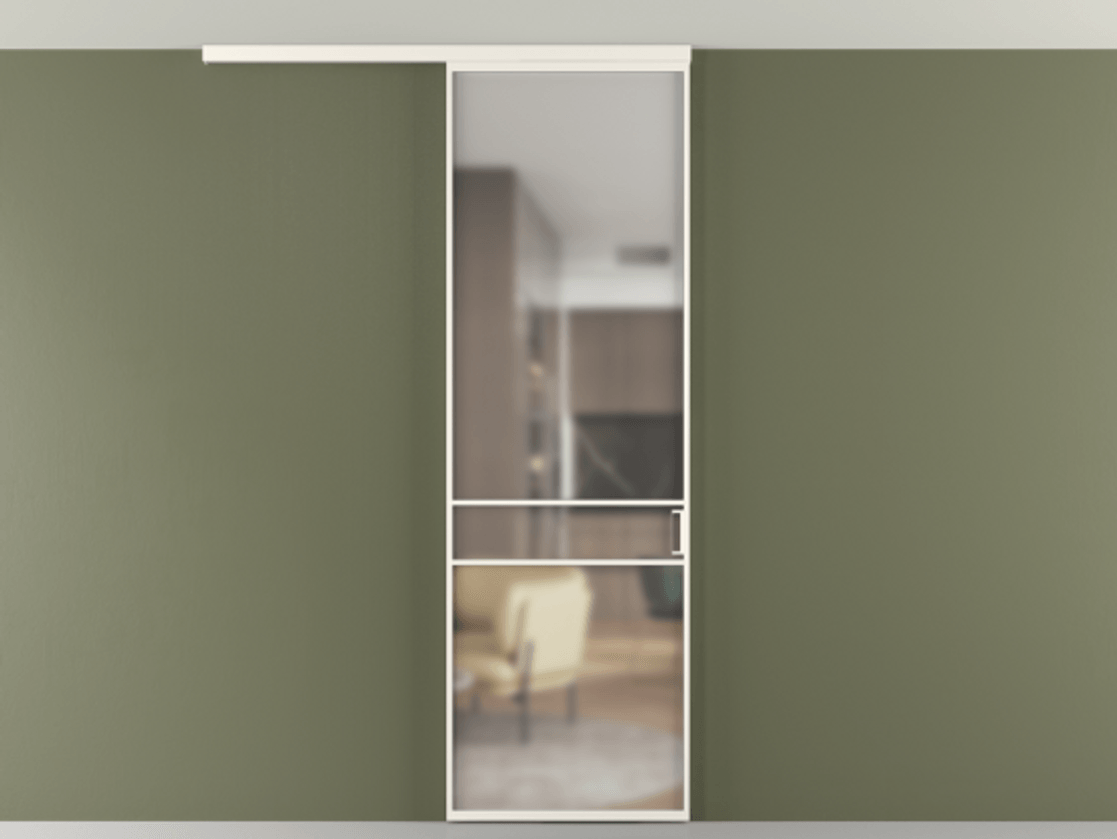 Перегородка Формато вдоль стены на потолок 1 створка АЛПР 040.02 Алюминий пудровый белый Сатинированное стекло "Мателюкс Кристал Вижн", калёное, матовое, каленое 6 мм Цена 25478530 so'm | Volhovec