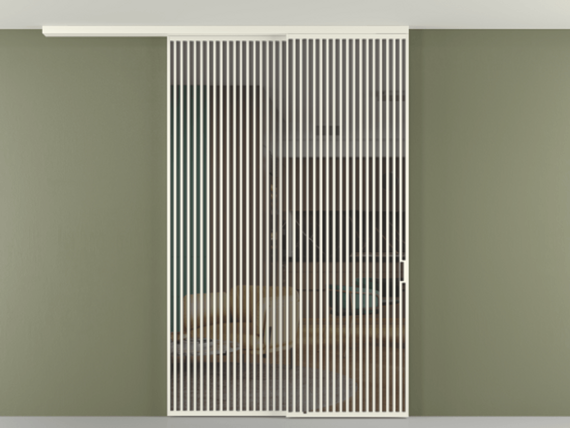 Перегородка Формато вдоль стены на потолок 2 створки с синхронным механизмом АЛПР 040.06 Алюминий жемчужный Прозрачное серое стекло, триплекс Цена 91442570 so'm | Volhovec