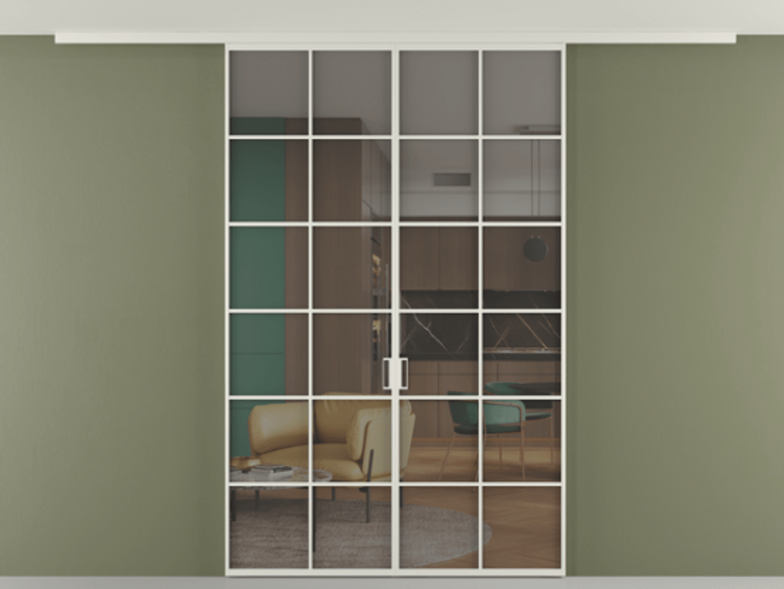 Перегородка Формато вдоль стены на потолок 2 створки АЛПР 040.05 Алюминий Белый Прозрачное серое стекло, триплекс Цена 47741540 so'm | Volhovec