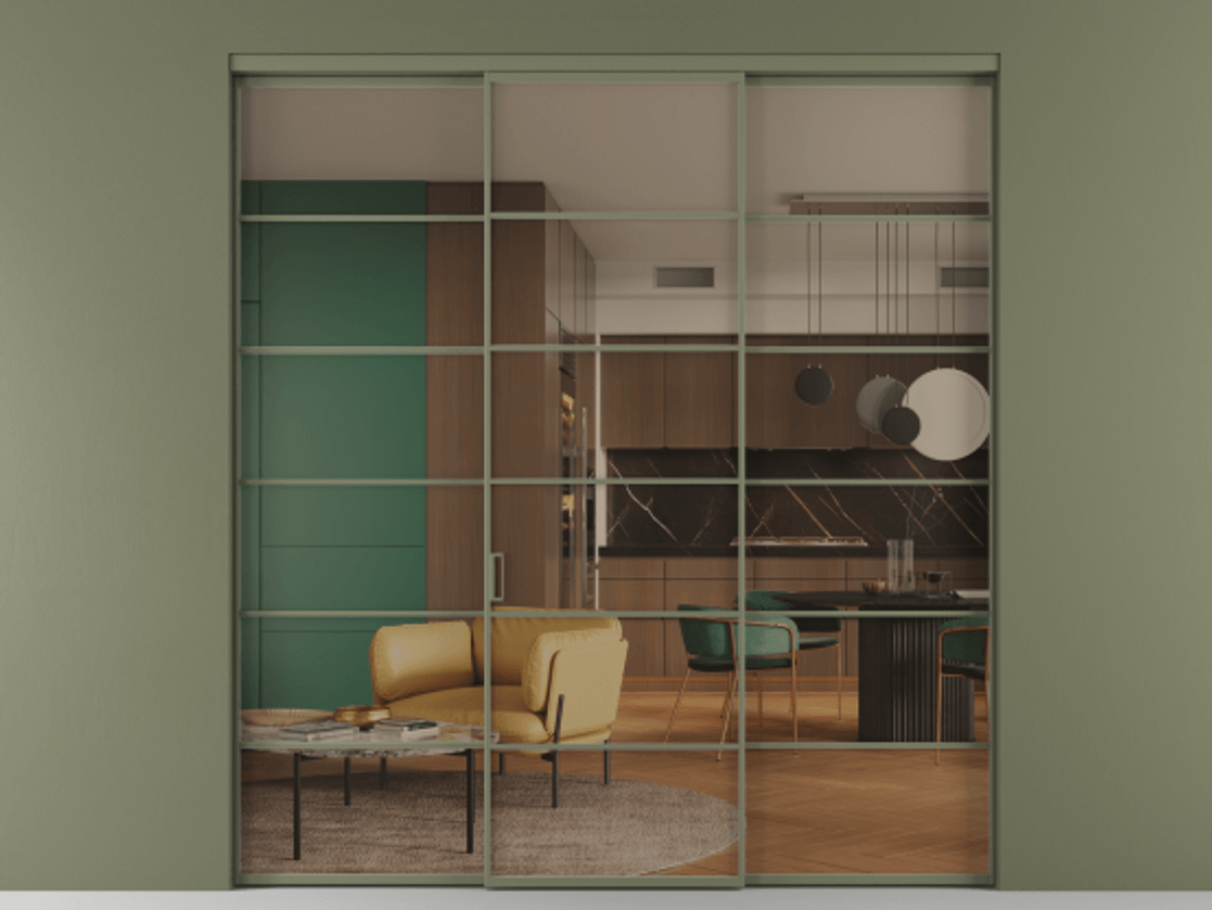 Перегородка Formato внутри проёма 3 створки АЛПР 040.04 Алюминий оливковый тёмный Прозрачное бронзовое стекло, триплекс Цена 51729480 so'm | Volhovec