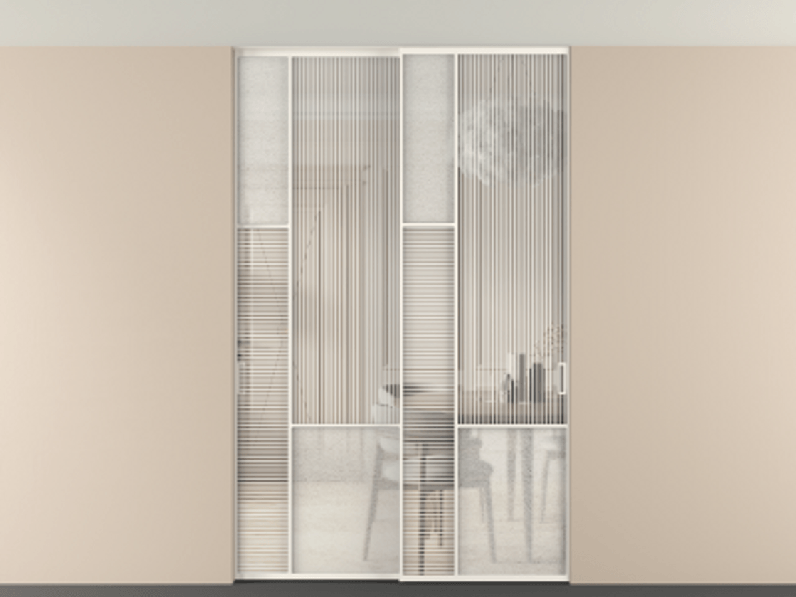 Перегородка Мозаик внутри проёма скрытое крепление в потолок 2 створки АЛПР 041.13 Алюминий пудровый белый Рифлёное стекло "Дюна", триплекс, 6 мм + Фактурное стекло "Лёд", триплекс Цена 69137740 so'm | Volhovec