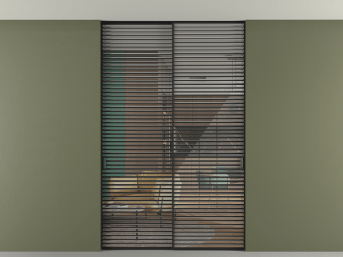 Перегородка Formato внутри проёма скрытое крепление в потолок 2 створки АЛПР 040.07 Алюминий Черный Рефлективное прозрачное стекло "Stopsol", калёное Цена 102080580 so'm | Volhovec