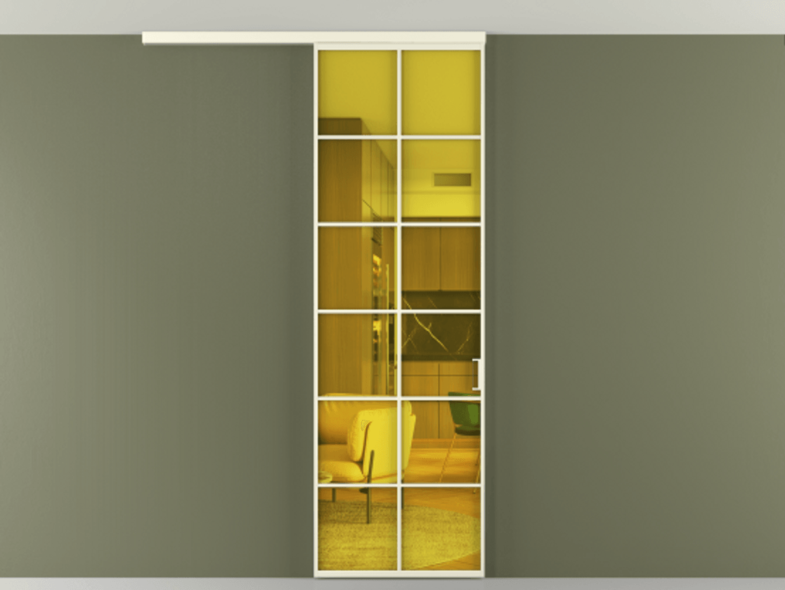 Перегородка Formato вдоль стены на потолок 1 створка АЛПР 040.05 Алюминий молочно-белый Прозрачное жёлтое стекло, триплекс Цена 21893990 so'm | Volhovec