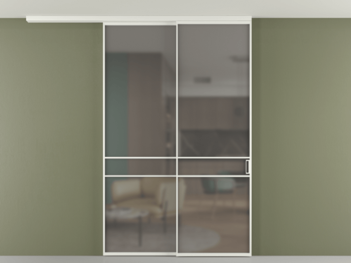 Перегородка Формато вдоль стены на потолок 2 створки с синхронным механизмом АЛПР 040.02 Алюминий светло-серый Сатинированное серое стекло, триплекс Цена 63137060 so'm | Volhovec