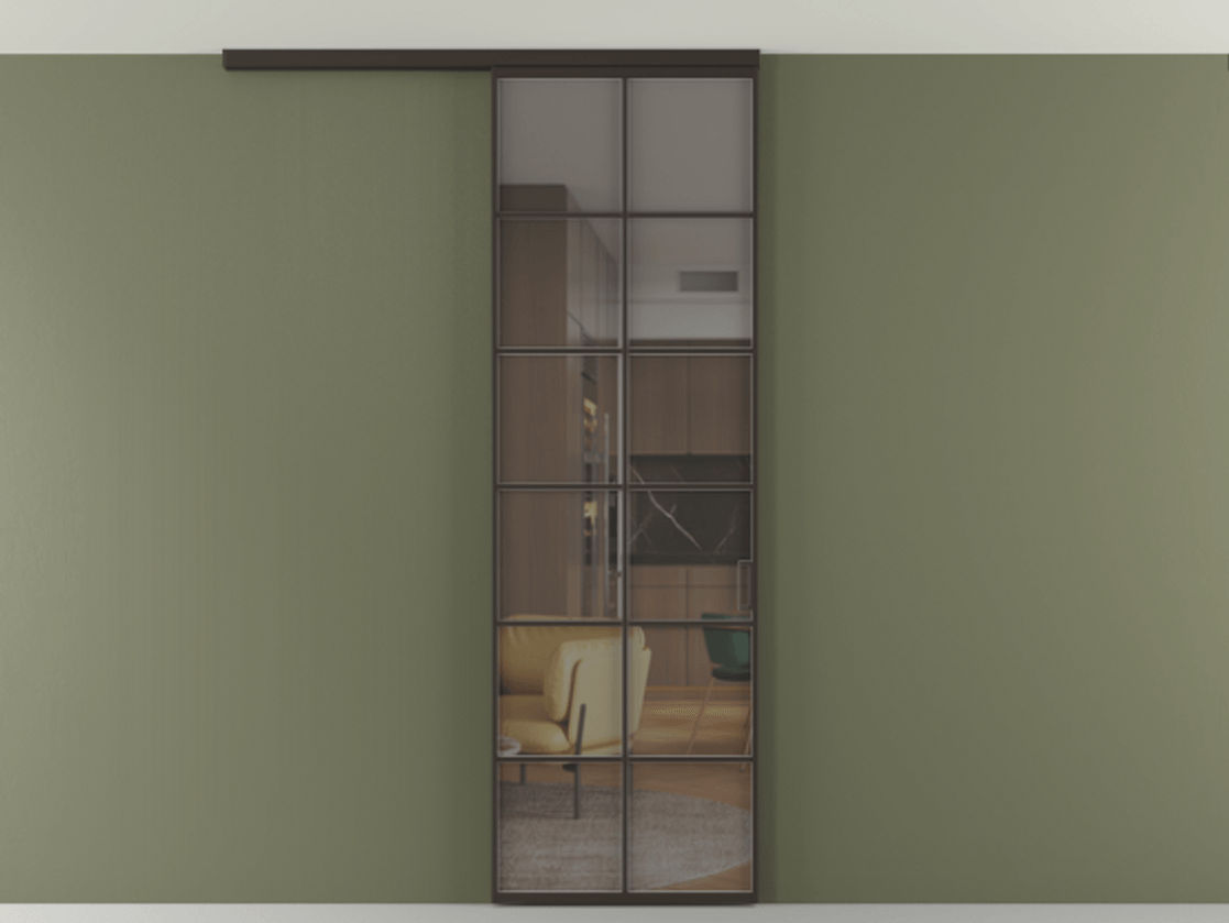 Перегородка Формато вдоль стены на потолок 1 створка АЛПР 040.05 Алюминий антрацит Прозрачное серое стекло, триплекс Цена 21893960 so'm | Volhovec