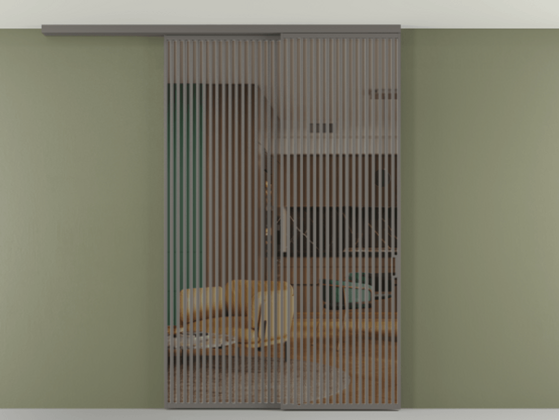 Перегородка Формато вдоль стены на потолок 2 створки с синхронным механизмом АЛПР 040.06 Алюминий классический серый Прозрачное бронзовое стекло, триплекс Цена 91442570 so'm | Volhovec