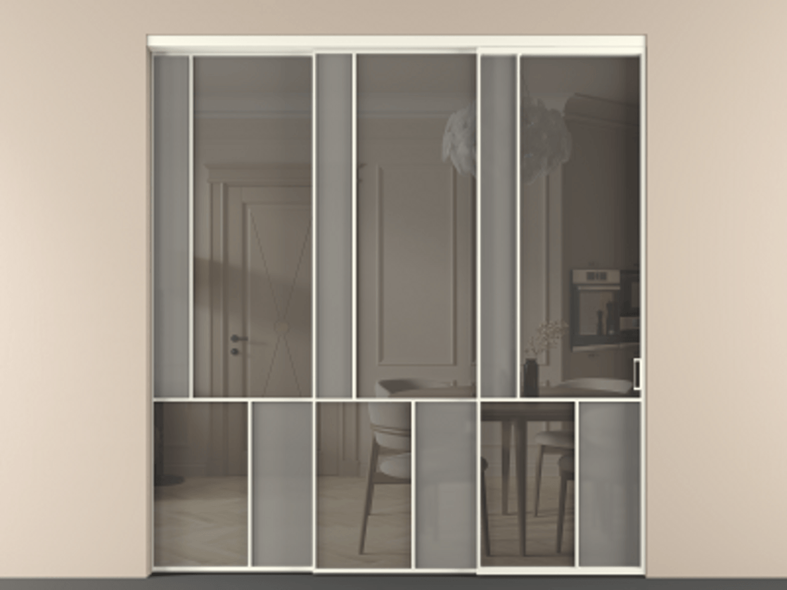 Перегородка Мозаик внутри проёма 3 створки с синхронным механизмом АЛПР 041.20  Алюминий жемчужный Сатинированное серое стекло, триплекс, 6 мм + Прозрачное серое стекло, триплекс Цена 88790170 so'm | Volhovec