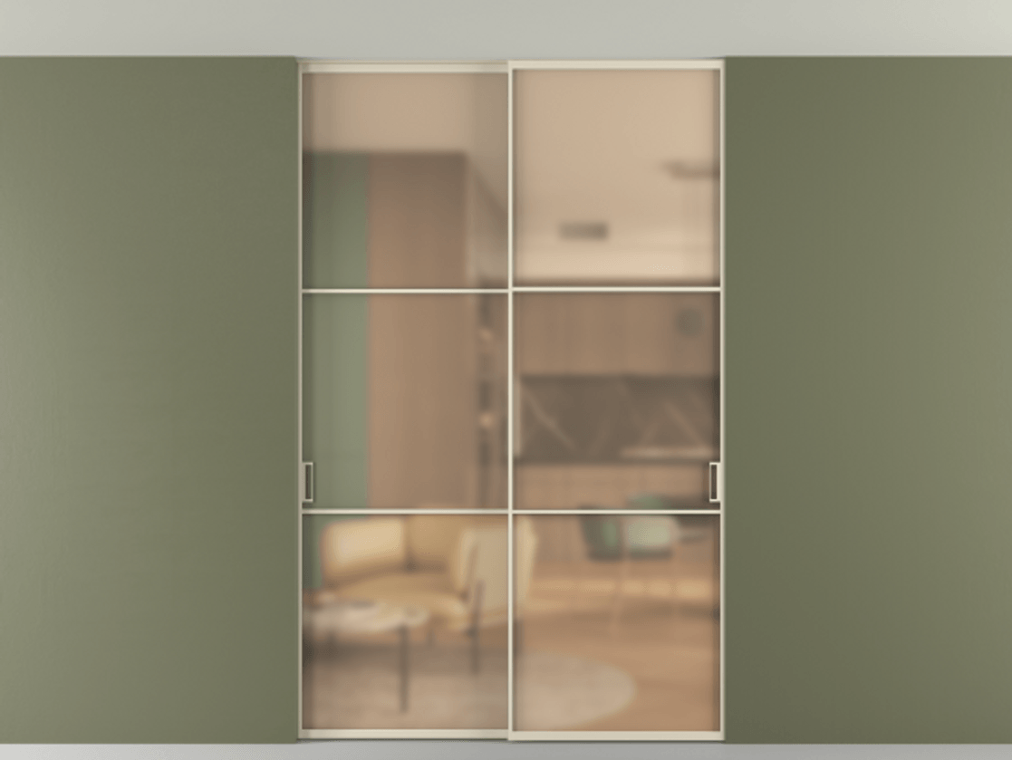 Перегородка Формато внутри проёма скрытое крепление в потолок 2 створки АЛПР 040.03 Алюминий бежево-серый Сатинированное оранжевое стекло, триплекс Цена 50387650 so'm | Volhovec