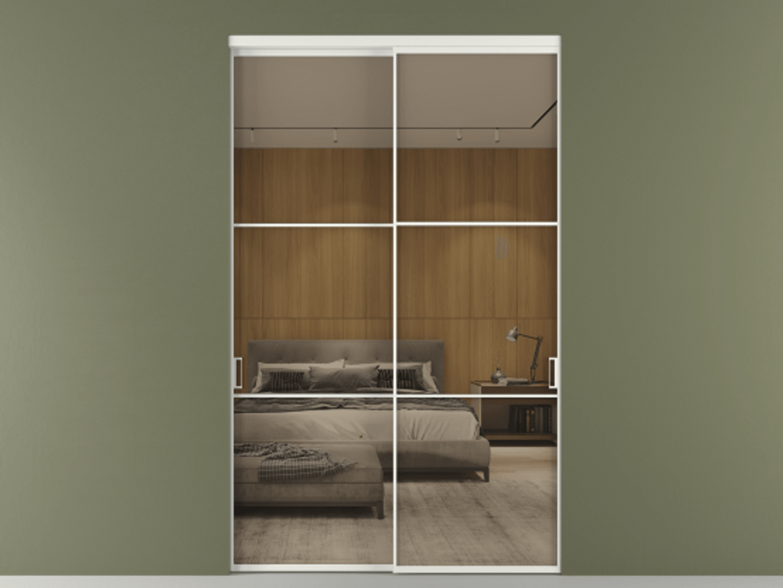 Перегородка Формато внутри проёма 2 створки АЛПР 040.03 Алюминий светло-серый Рефлективное бронзовое стекло "Стопсол", калёное Цена 97094900 so'm  | Volhovec