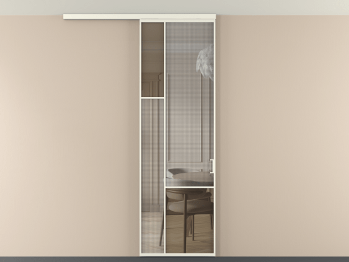 Перегородка Mosaic вдоль стены на потолок 1 створка АЛПР 041.13 Алюминий жемчужный Декоративное стекло с сеткой "Mesh silver", триплекс, 6 мм + Прозрачное бронзовое стекло, триплекс Цена 28631120 so'm | Volhovec