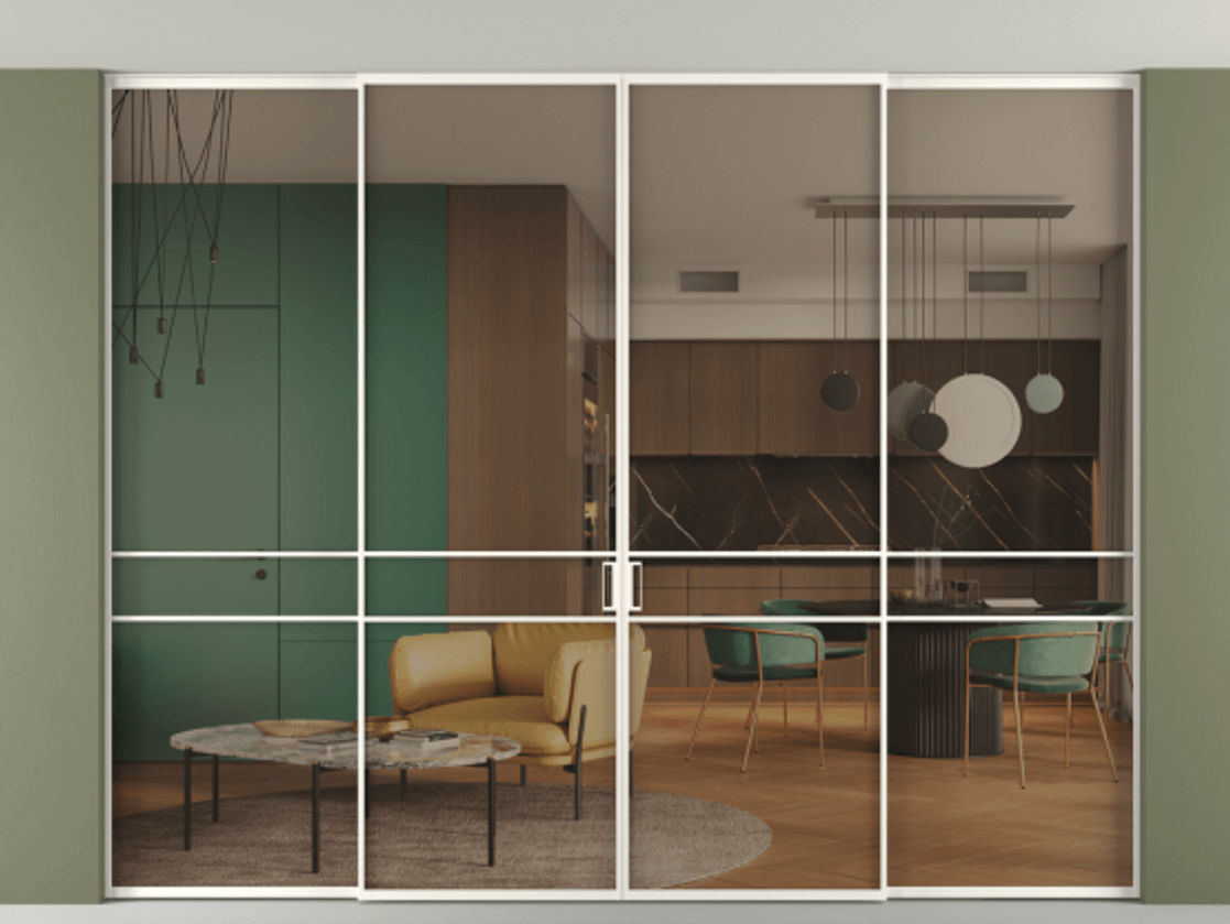 Перегородка Формато внутри проёма скрытое крепление в потолок 4 створки АЛПР 040.02 Алюминий пудровый белый Прозрачное бронзовое стекло, триплекс Цена 89427590 so'm | Volhovec