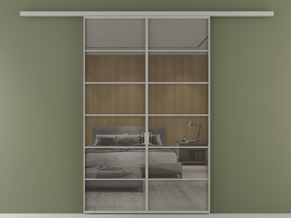 Перегородка Формато вдоль стены 2 створки АЛПР 040.04 Алюминий нейтральный серый Рефлективное серое стекло "Стопсол", калёное Цена 53713800 so'm | Volhovec