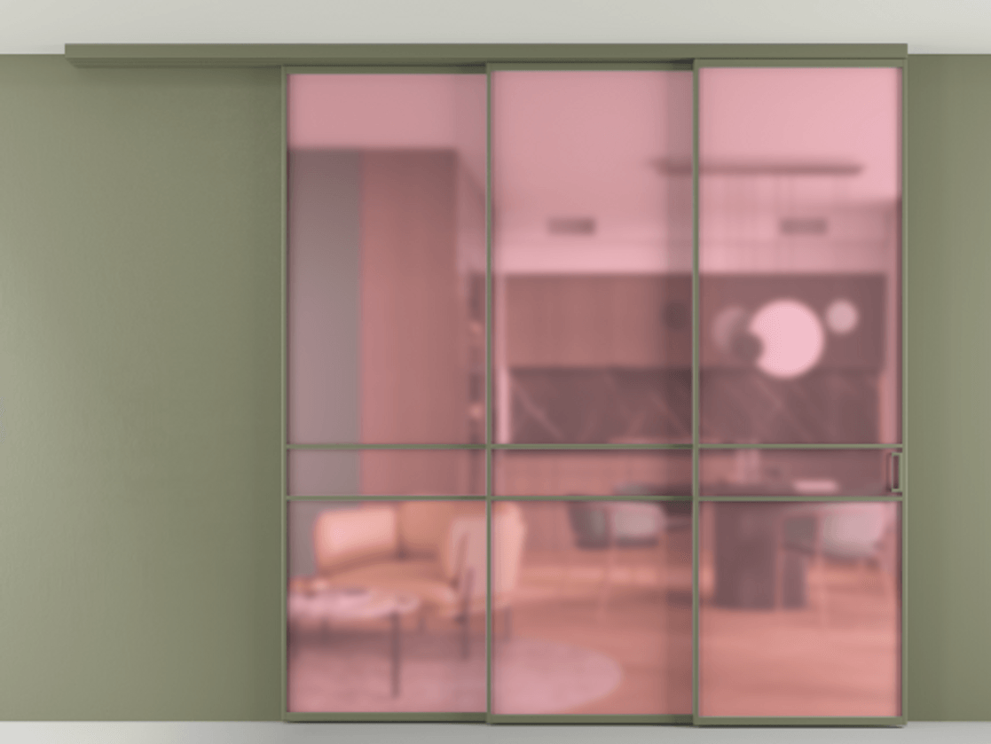 Перегородка Формато вдоль стены на потолок 3 створки с синхронным механизмом АЛПР 040.02 Алюминий оливковый тёмный Сатинированное розовое стекло, триплекс Цена 383973 ₽ | Volhovec