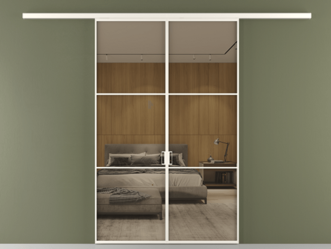 Перегородка Формато вдоль стены 2 створки АЛПР 040.03 Алюминий пудровый белый Рефлективное бронзовое стекло "Стопсол", калёное Цена 43799280 so'm | Volhovec