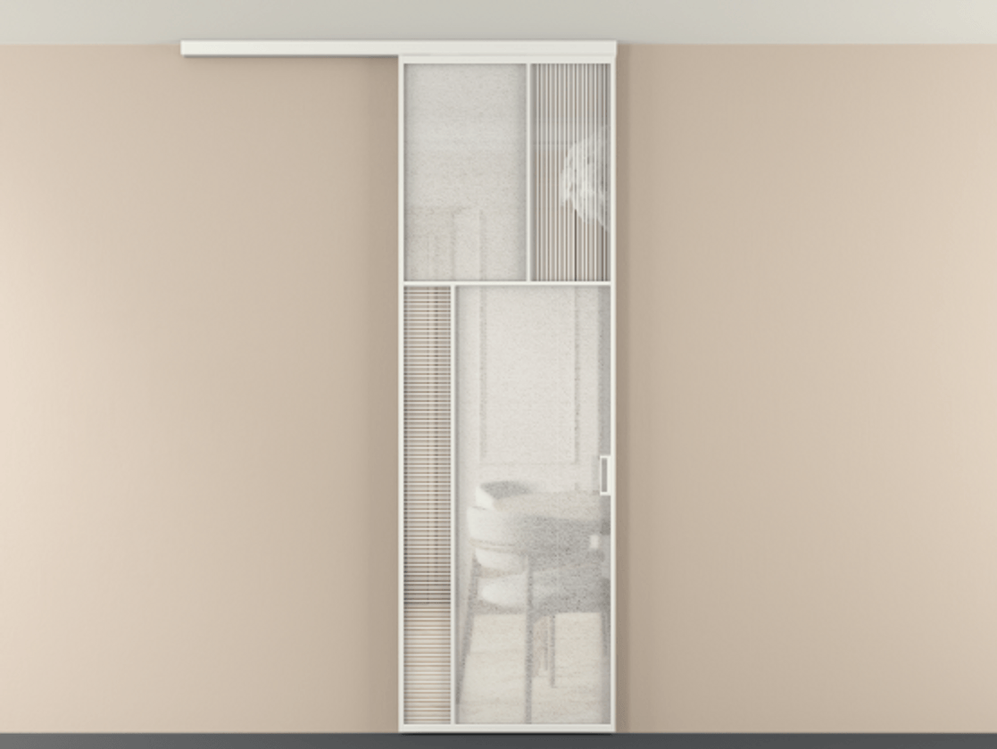 Перегородка Мозаик вдоль стены на потолок 1 створка АЛПР 041.22 Алюминий светло-серый Рифлёное стекло "Дюна", триплекс, 6 мм + Фактурное стекло "Лёд", триплекс Цена 29037120 so'm | Volhovec