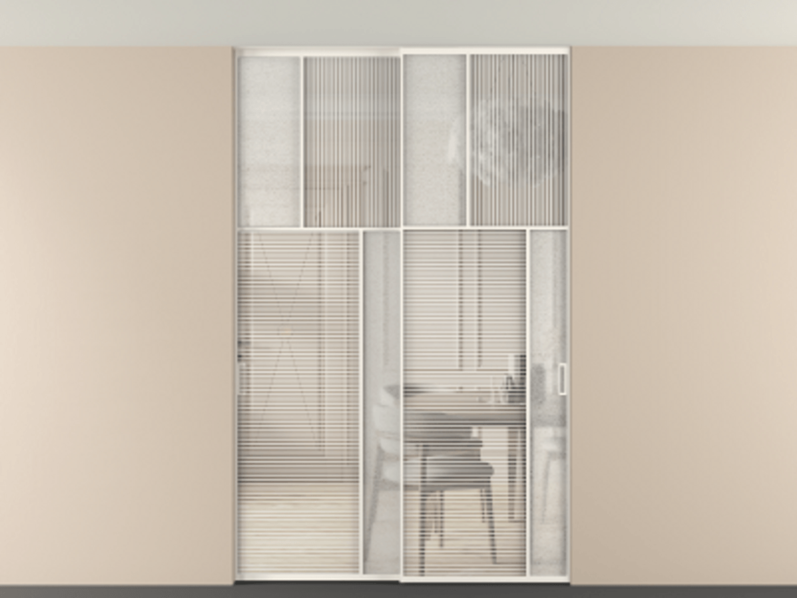 Перегородка Мозаик внутри проёма скрытое крепление в потолок 2 створки АЛПР 041.23 Алюминий пудровый белый Рифлёное стекло "Дюна", триплекс, 6 мм + Фактурное стекло "Лёд", триплекс Цена 69137740 so'm | Volhovec
