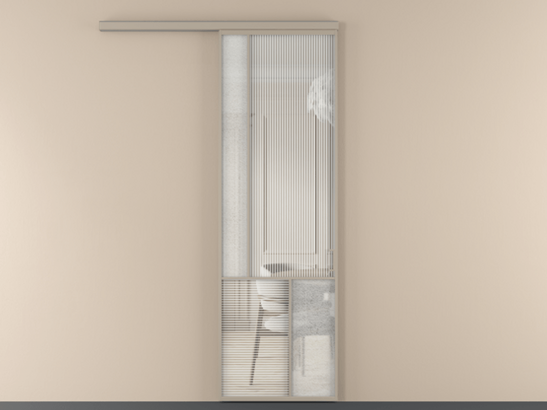 Перегородка Mosaic вдоль стены 1 створка АЛПР 041.20 Алюминий бисквитный Рифлёное стекло "Дюна", триплекс, 6 мм + Фактурное стекло "Лёд", триплекс Цена 29441090 so'm | Volhovec