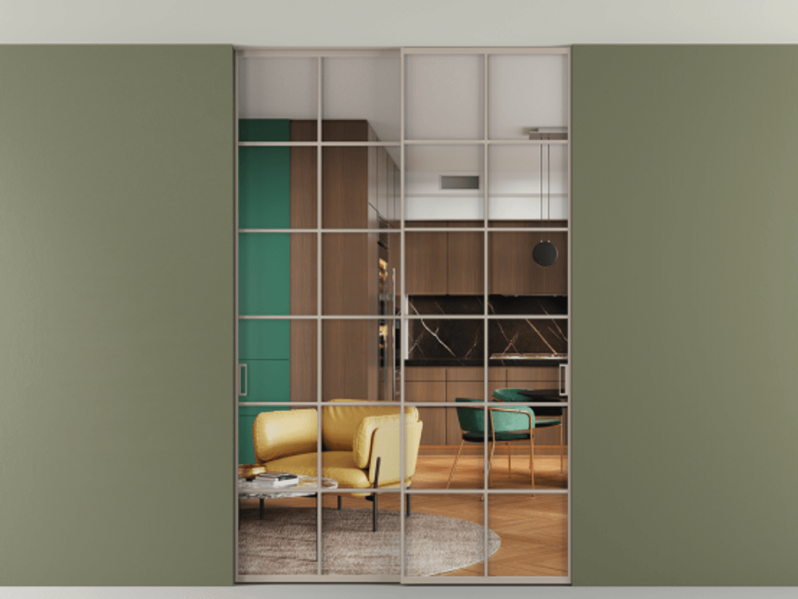 Перегородка Formato внутри проёма скрытое крепление в потолок 2 створки АЛПР 040.05 Алюминий бисквитный Прозрачное стекло "Crystal Vision", калёное Цена 16820 AZE | Volhovec