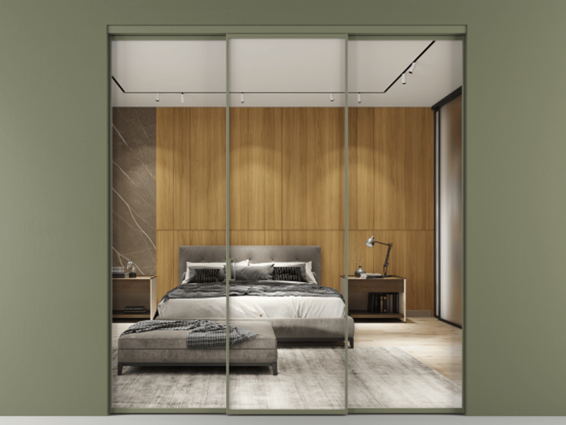 Перегородка Формато внутри проёма 3 створки АЛПР 040.01 Алюминий оливковый тёмный Двустороннее зеркало, триплекс , триплекс 6 мм Цена 45700380 so'm | Volhovec