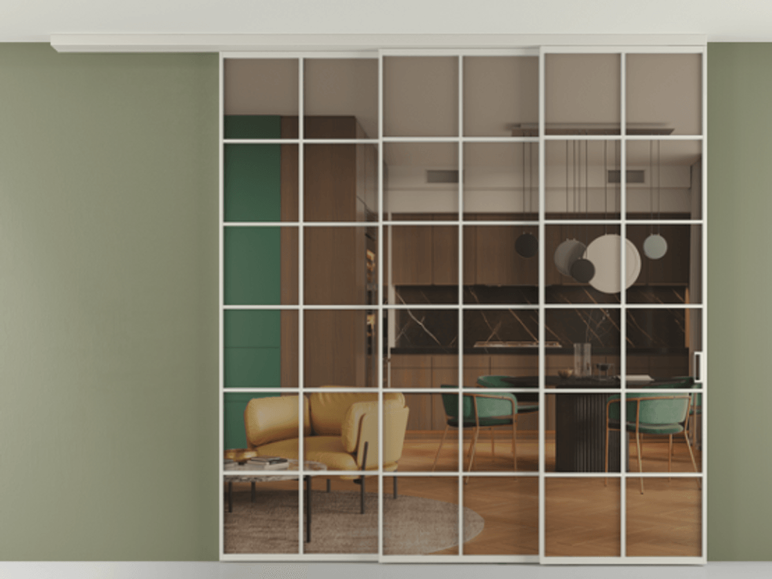 Перегородка Formato вдоль стены на потолок 3 створки с синхронным механизмом АЛПР 040.05 Алюминий тёплый серый Прозрачное бронзовое стекло, триплекс Цена 81865430 so'm | Volhovec