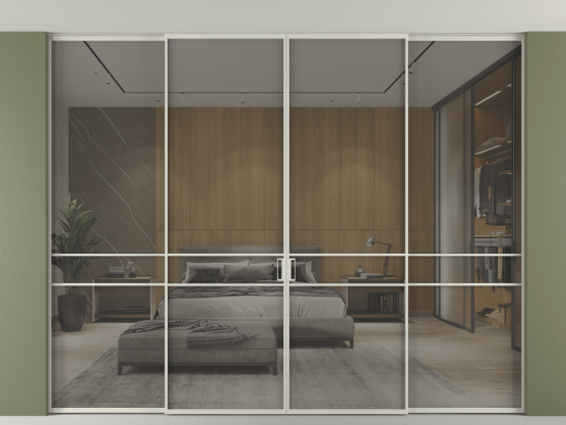 Перегородка Формато внутри проёма скрытое крепление в потолок 4 створки АЛПР 040.02 Алюминий тёплый серый Рефлективное серое стекло "Стопсол", калёное Цена 112693420 so'm | Volhovec