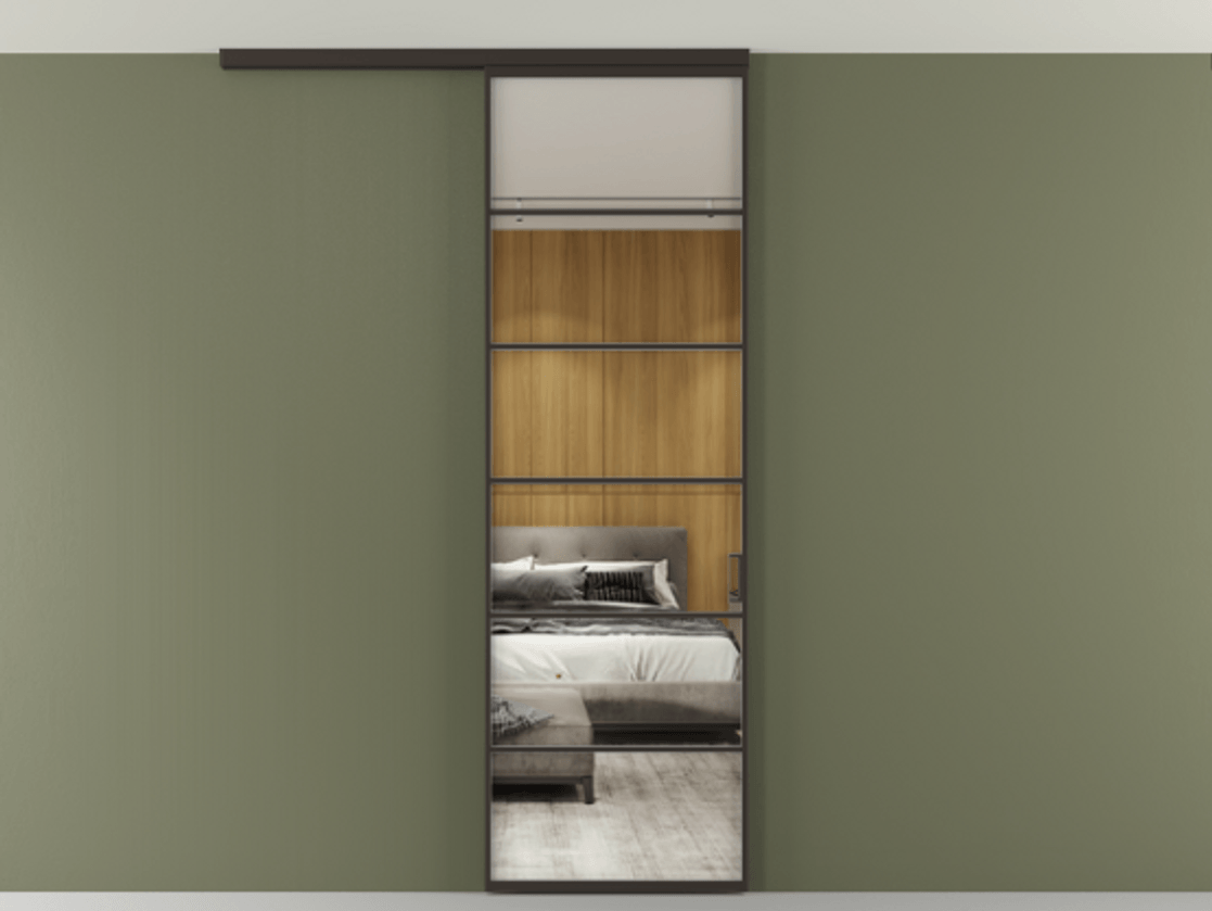 Перегородка Формато вдоль стены на потолок 1 створка АЛПР 040.04 Алюминий антрацит Двустороннее зеркало, триплекс , триплекс 6 мм Цена 21893960 so'm | Volhovec