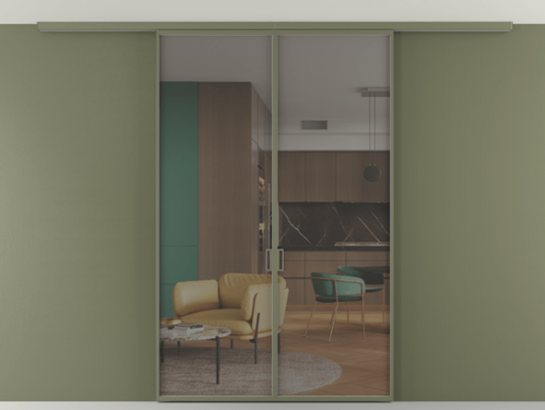 Перегородка Формато вдоль стены на потолок 2 створки АЛПР 040.01 Алюминий оливковый тёмный Прозрачное серое стекло, триплекс Цена 36074120 so'm | Volhovec