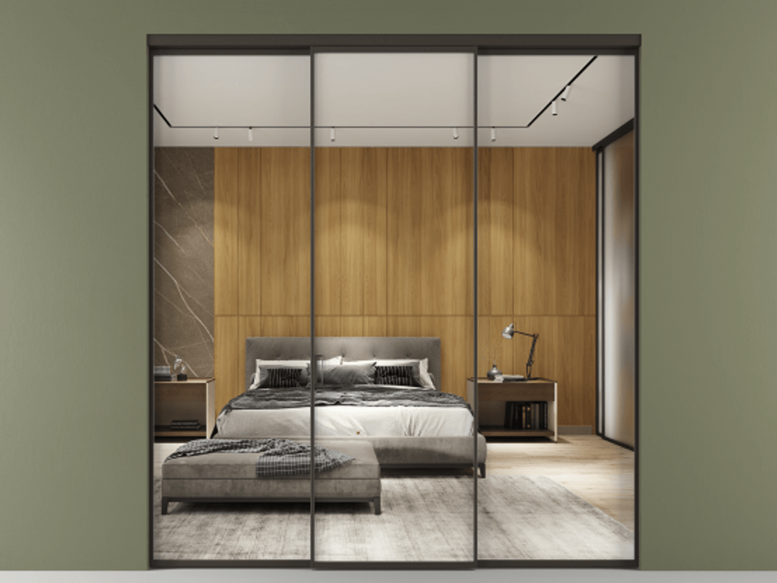 Перегородка Формато внутри проёма 3 створки АЛПР 040.01 Алюминий антрацит Двустороннее зеркало, триплекс , триплекс 6 мм Цена 45700380 so'm | Volhovec