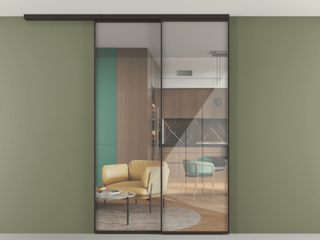 Перегородка Формато вдоль стены на потолок 2 створки с синхронным механизмом АЛПР 040.01 Алюминий антрацит Рефлективное прозрачное стекло "Стопсол", калёное Цена 281272 ₽ | Volhovec