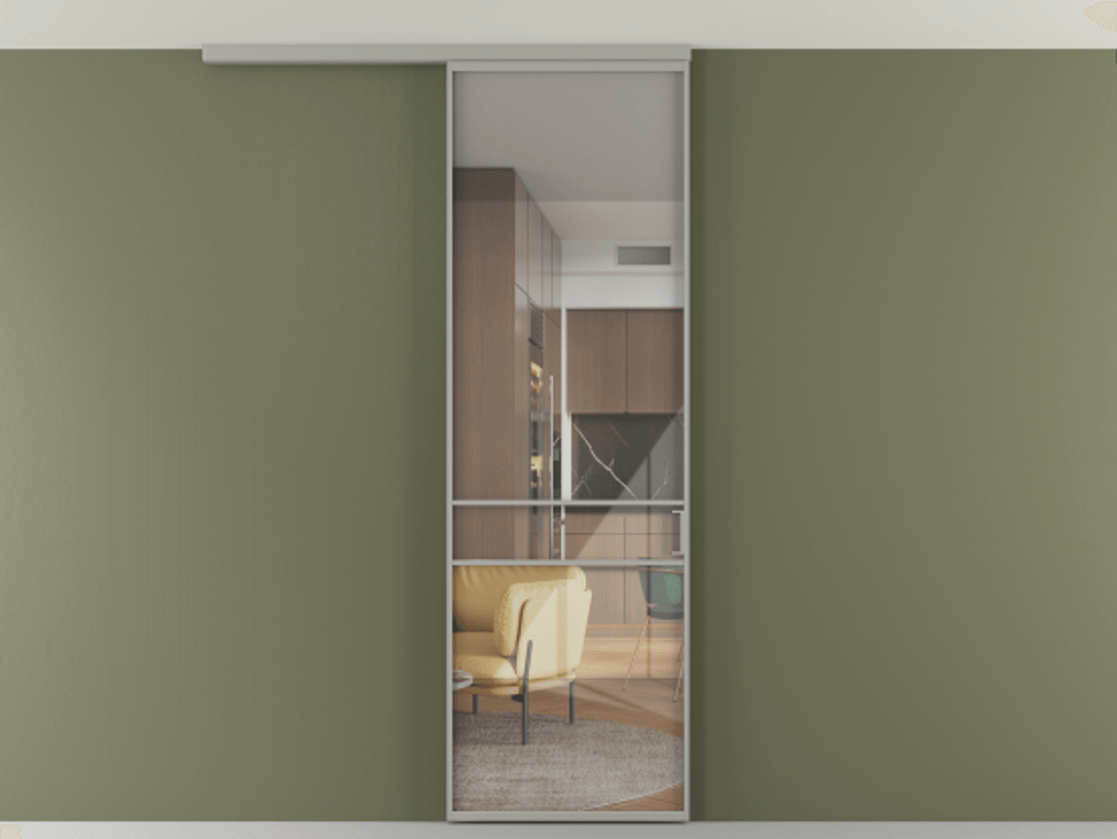 Перегородка Формато вдоль стены на потолок 1 створка АЛПР 040.02 Алюминий нейтральный серый Рефлективное прозрачное стекло "Стопсол", калёное Цена 21799760 so'm | Volhovec