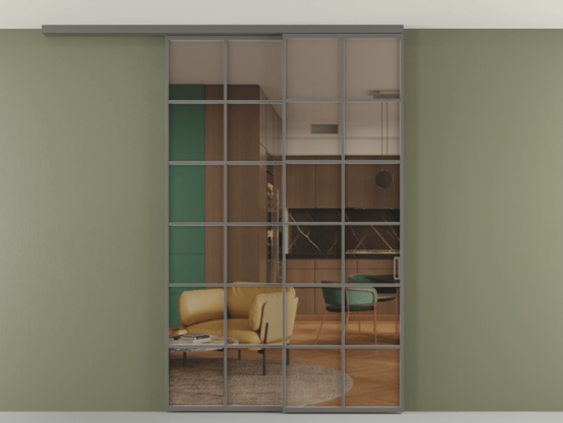 Перегородка Формато вдоль стены на потолок 2 створки с синхронным механизмом АЛПР 040.05 Алюминий классический серый Прозрачное бронзовое стекло, триплекс Цена 59215910 so'm | Volhovec