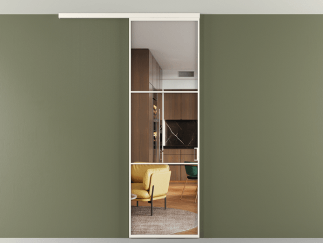 Перегородка Формато вдоль стены на потолок 1 створка АЛПР 040.03 Алюминий пудровый белый Прозрачное стекло "Кристал Вижн", калёное Цена 25478530 so'm | Volhovec