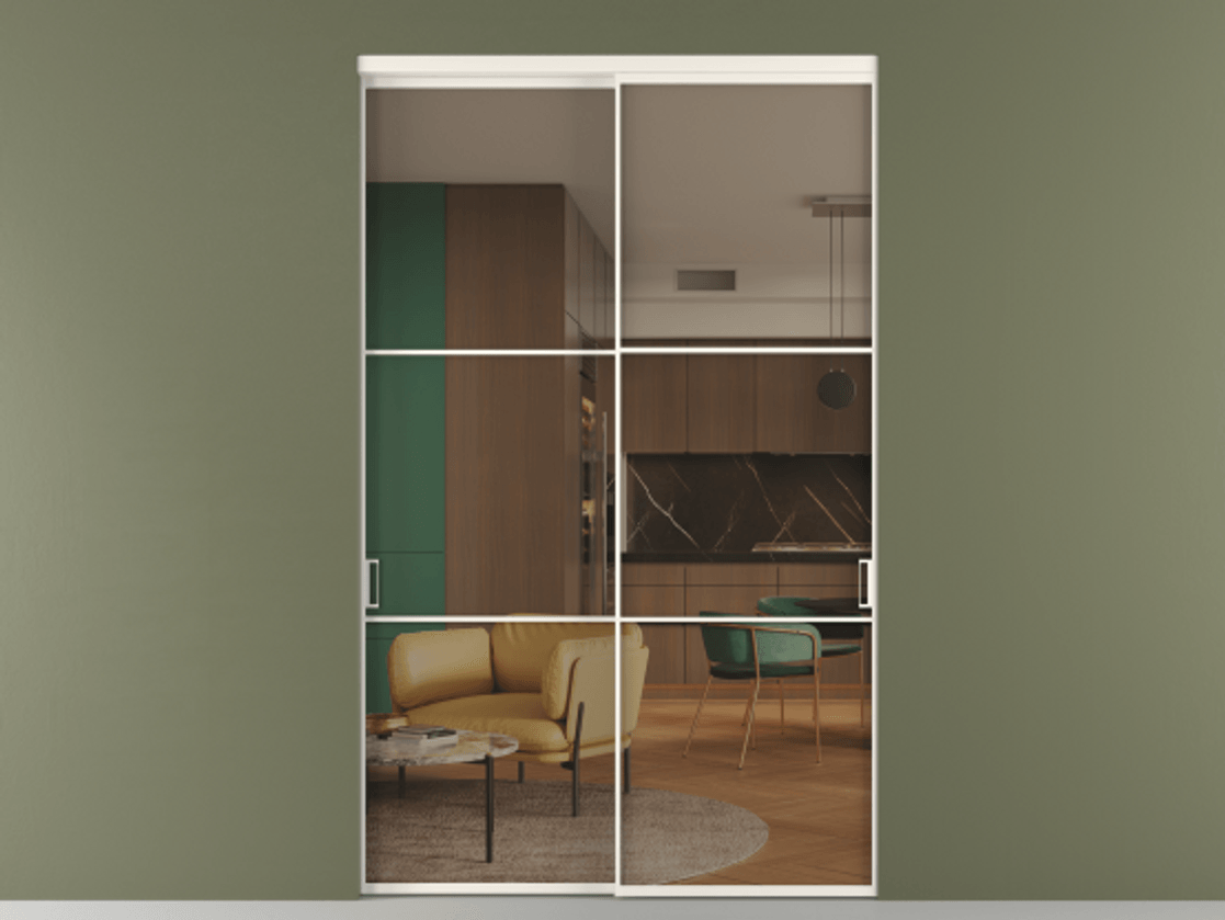 Перегородка Формато внутри проёма 2 створки АЛПР 040.03 Алюминий пудровый белый Прозрачное бронзовое стекло, триплекс Цена 86224250 so'm  | Volhovec